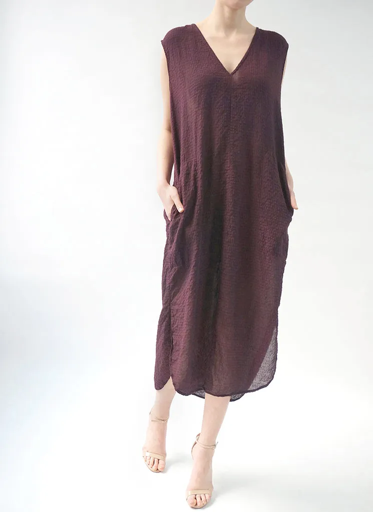 HELENNE DRESS (Clay, Crocus, Aquamarine, Persimmon,  Delft Blue,  Chartreuse, and Black) shown in PLUM)