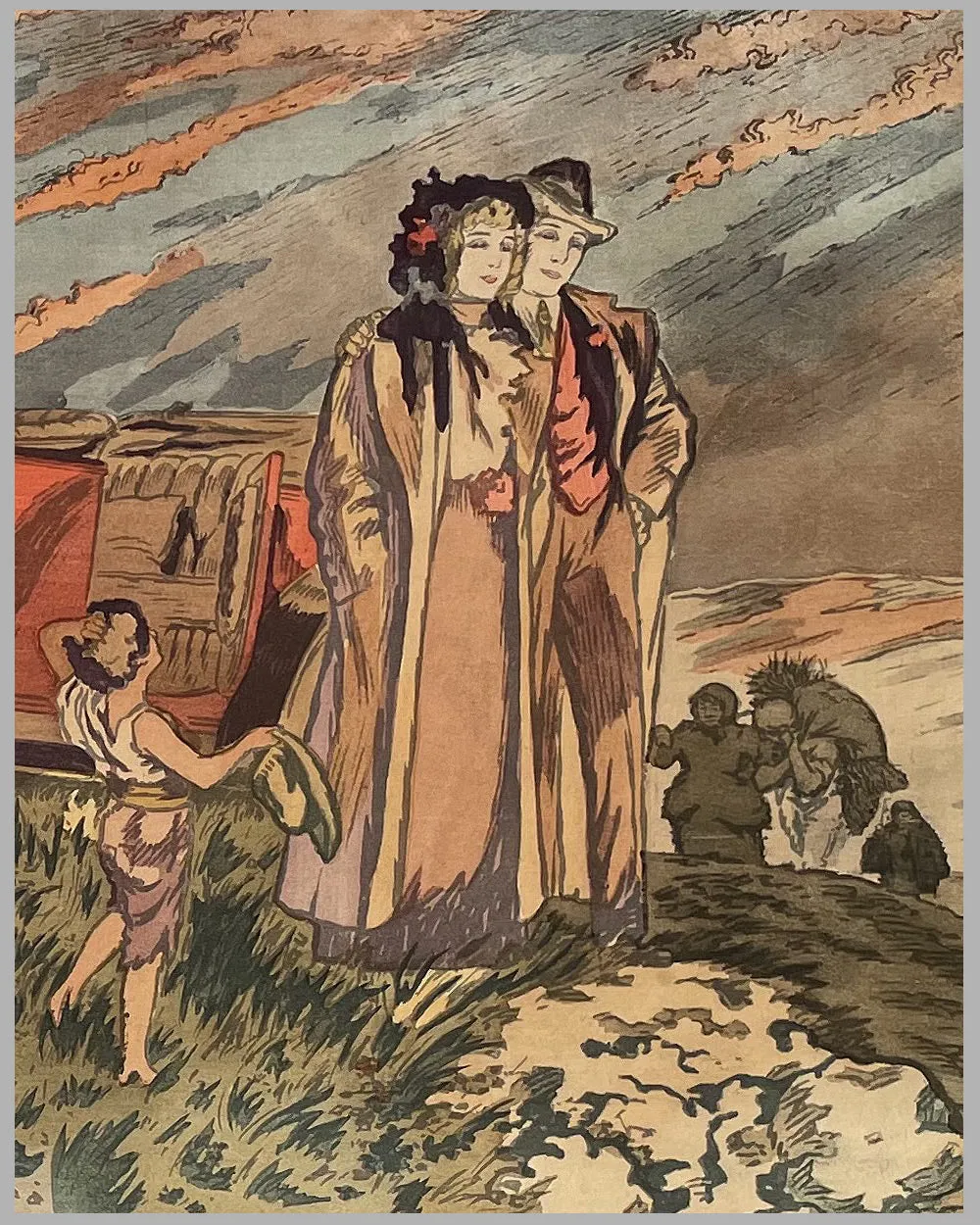 "Au delà des Pyrénées" hand colored lithograph by Nevil, circa 1910