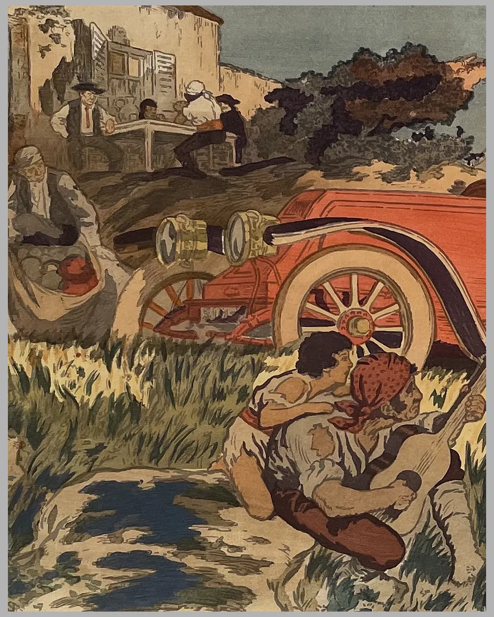 "Au delà des Pyrénées" hand colored lithograph by Nevil, circa 1910