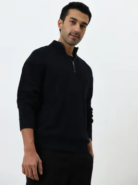 WES Casuals Navy Textured Relaxed-Fit Cotton Sweater